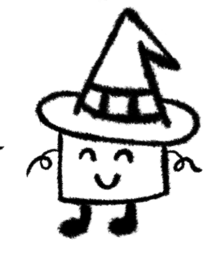 Mon dessin de référence : la mascotte part de gâteau coiffée d'un chapeau de sorcière, au trait noir dessiné à la main