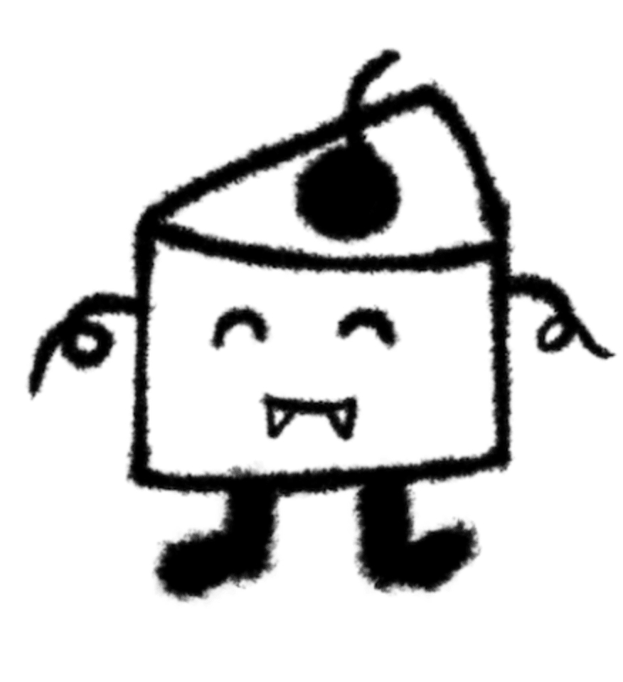 Mon dessin de référence : la mascotte part de gâteau avec une cerise et de petits crocs de vampire, les yeux fermés et souriante