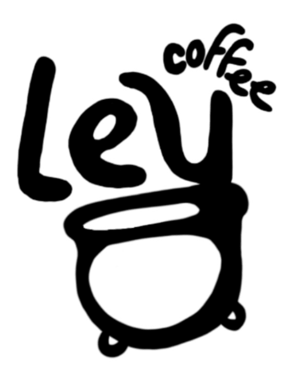 Essai de logo Ley Coffee dessiné à la main, avec le mot Ley posé sur un chaudron