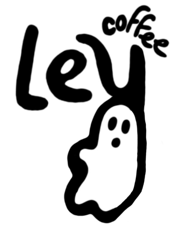 Essai de logo Ley Coffee dessiné à la main, avec la lettre y qui se prolonge en petit fantôme