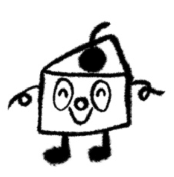 Mascotte 1 dessinée à la main : une part de gâteau avec une cerise sur le dessus, de grands yeux ronds et la bouche ouverte
