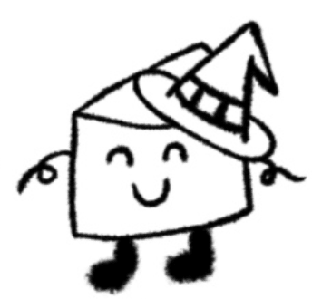 Mascotte 2 dessinée à la main : une part de gâteau souriante coiffée d'un chapeau de sorcière penché