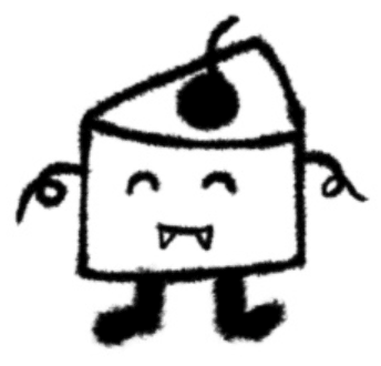 Mascotte 3 dessinée à la main : une part de gâteau avec une cerise et de petits crocs de vampire, les yeux fermés et souriante