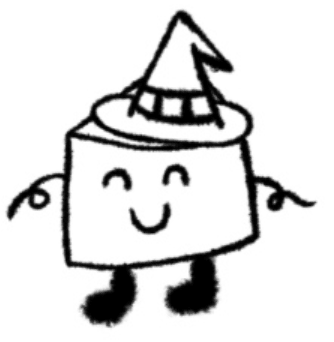 Mascotte 4 dessinée à la main : une part de gâteau souriante coiffée d'un petit chapeau de sorcière
