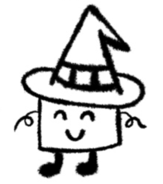 Mascotte 5 dessinée à la main : une part de gâteau souriante coiffée d'un grand chapeau de sorcière