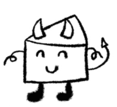 Mascotte 6 dessinée à la main : une part de gâteau souriante avec des cornes et une queue de diablotin