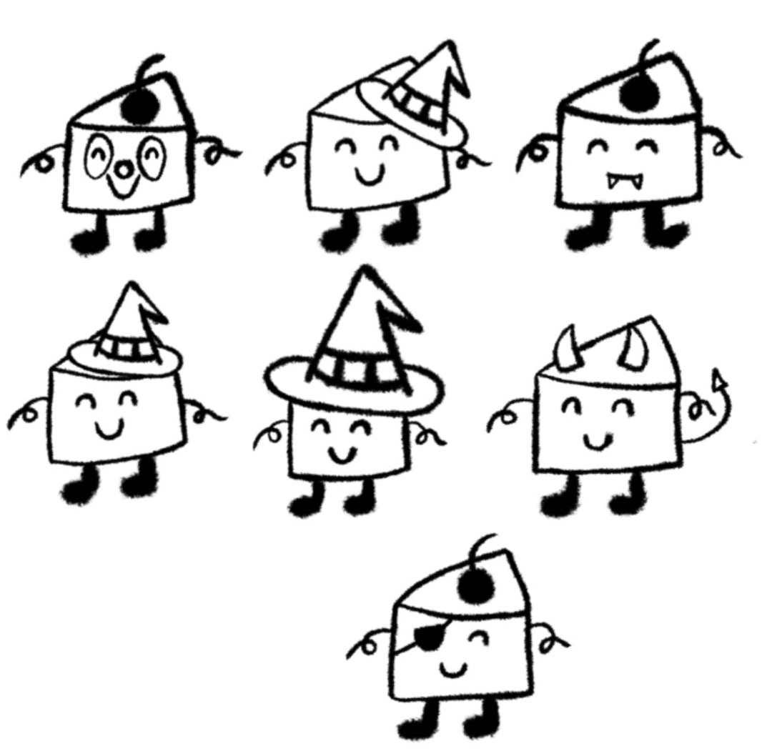 La planche jointe au prompt : mes 7 mascottes parts de gâteau dessinées à la main