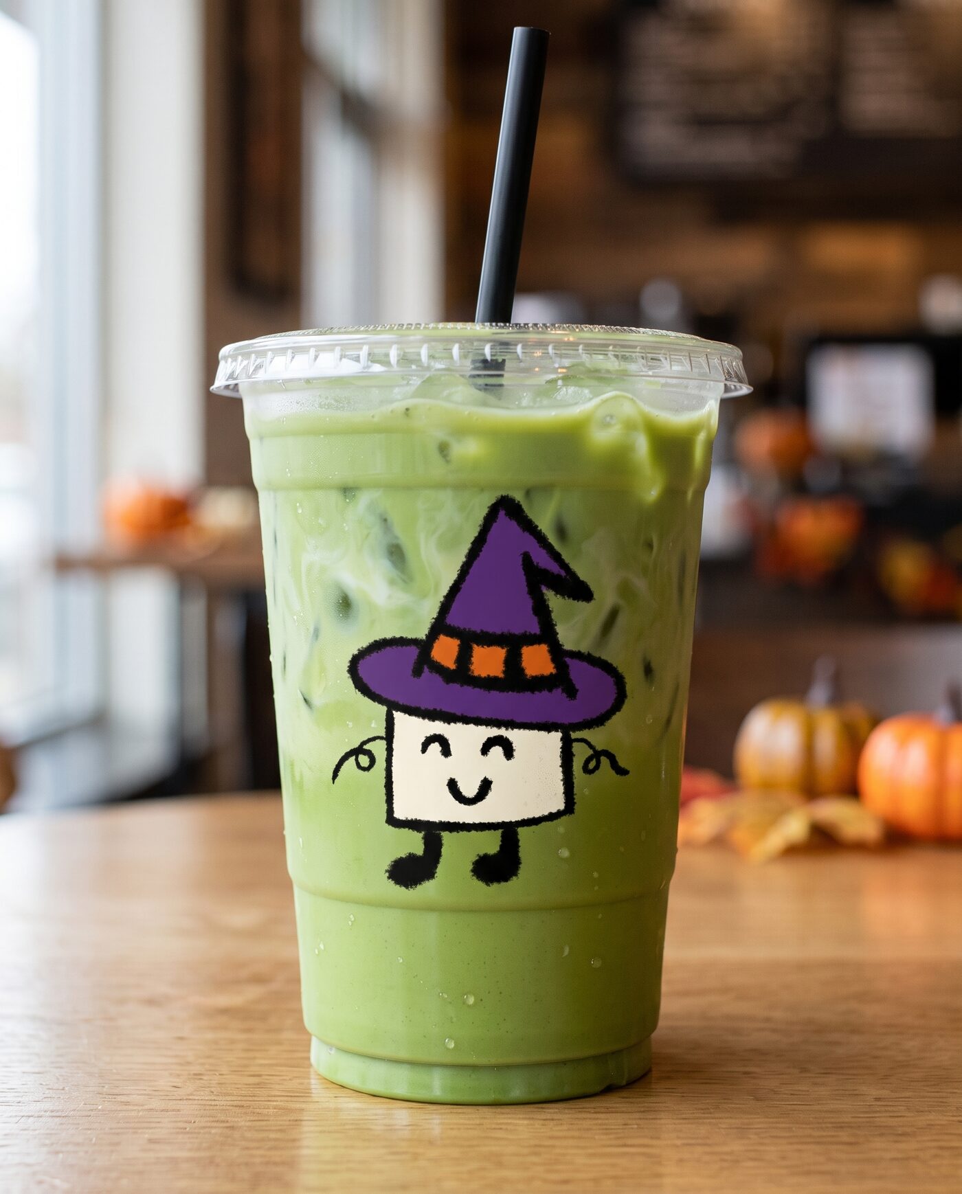 Image générée par Gemini : la mascotte sorcière imprimée sur un gobelet transparent de matcha glacé avec une paille noire, dans un coffee shop flou avec des citrouilles