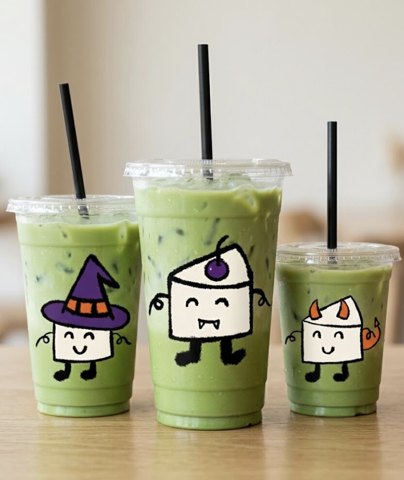 Image générée par Gemini : trois gobelets de matcha glacé côte à côte devant un mur uni, chacun avec une mascotte imprimée