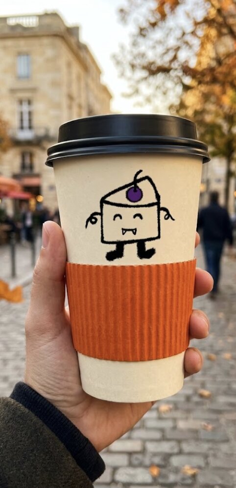 Essai 1 généré par Gemini : la mascotte vampire imprimée sur un gobelet en carton crème avec une manchette orange, tenu dans une main dans une rue de Bordeaux en automne