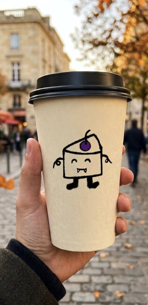 Essai 2 généré par Gemini : le gobelet en carton crème sans manchette, avec la mascotte vampire centrée, tenu dans une main dans une rue de Bordeaux